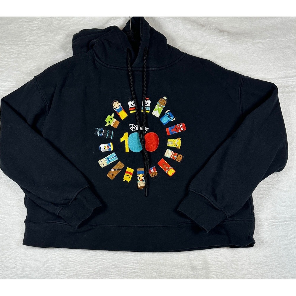 Disney 100 Anniversary Hoodie Womens Black Embroidered Characters Sweatshirt